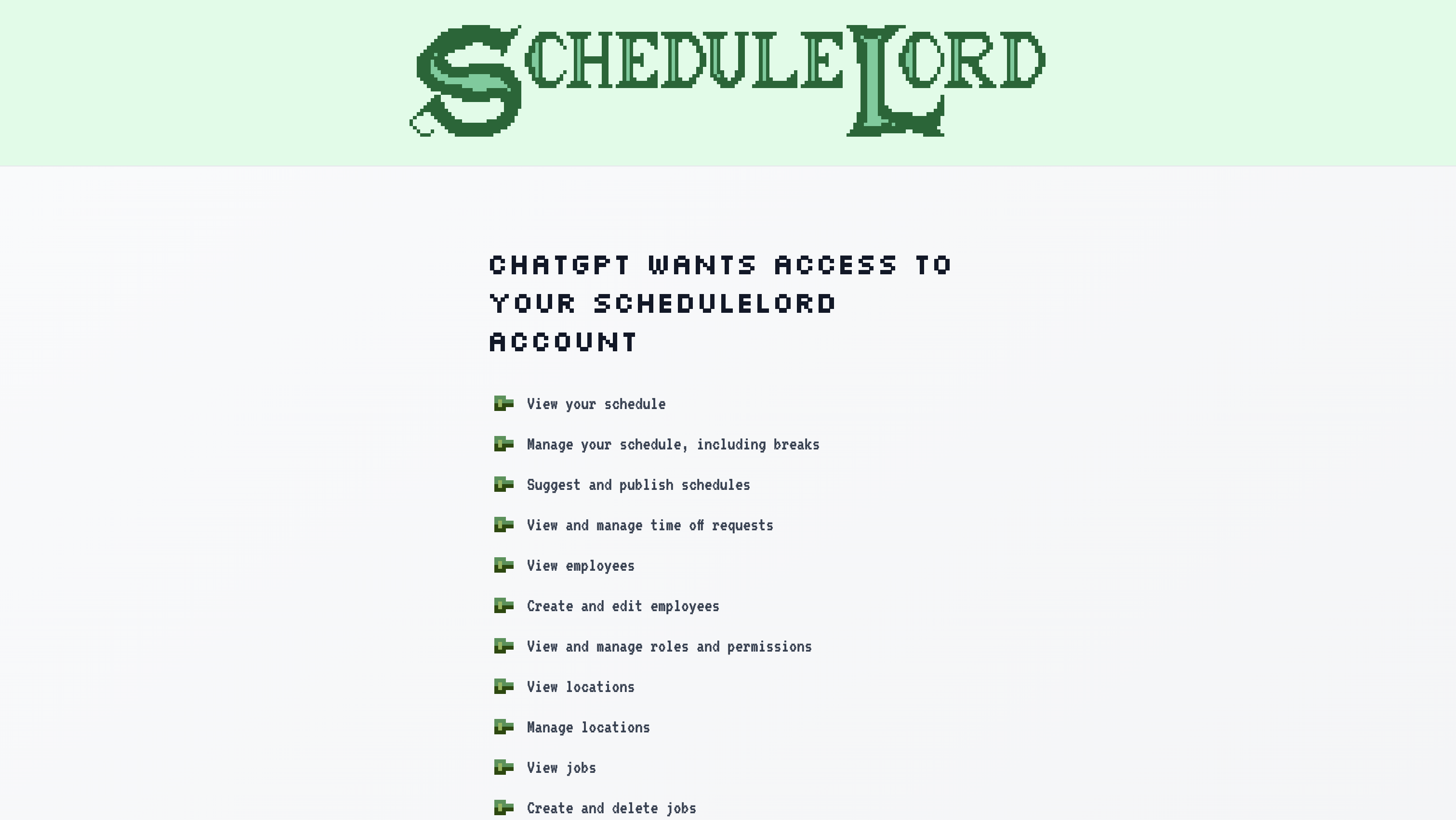 ScheduleLord authorization page requesting access on ChatGPT's behalf