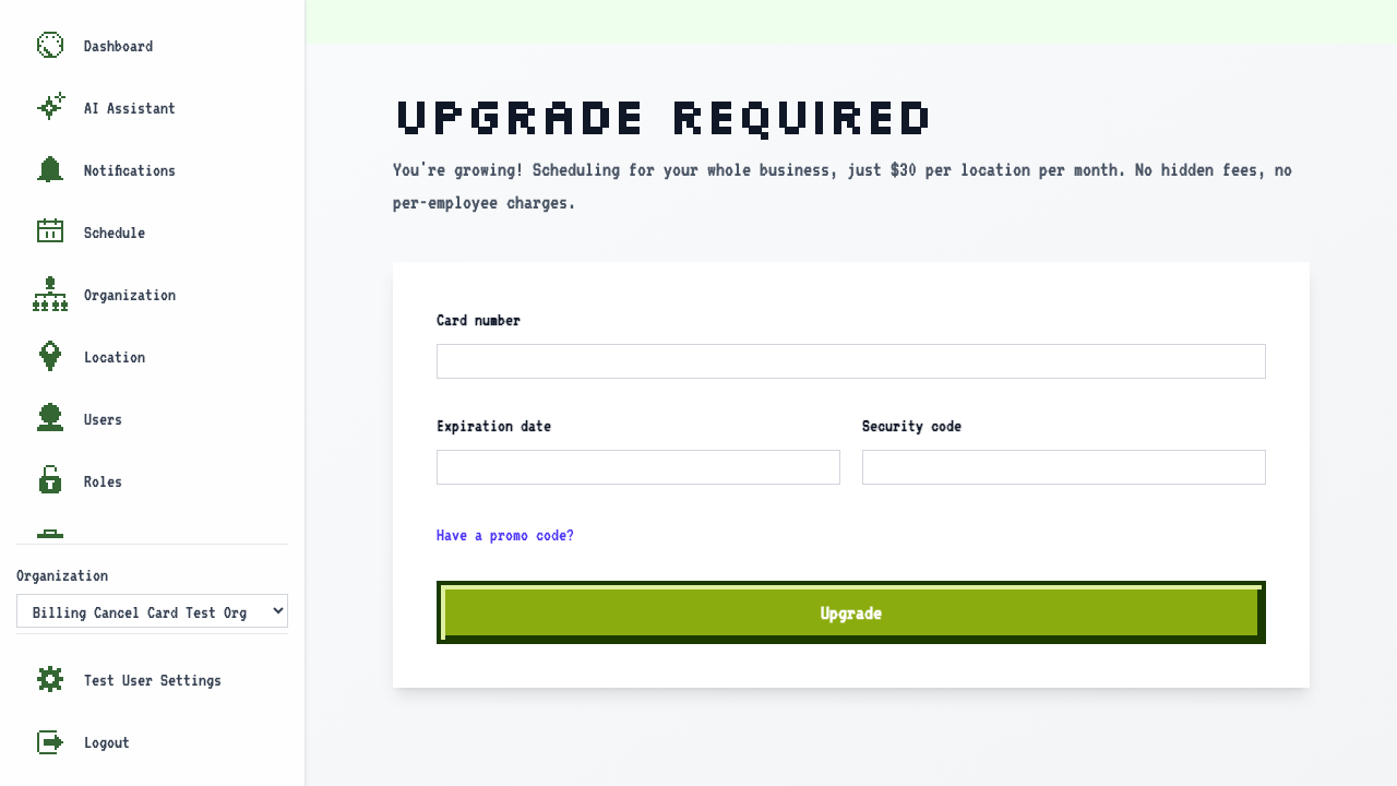 Upgrade page with no saved card option after card removal