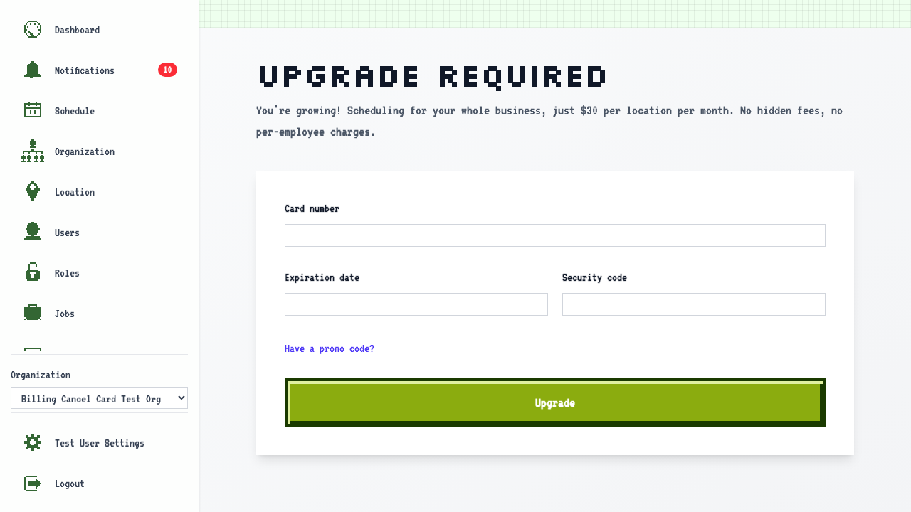 Upgrade page with no saved card option after card removal