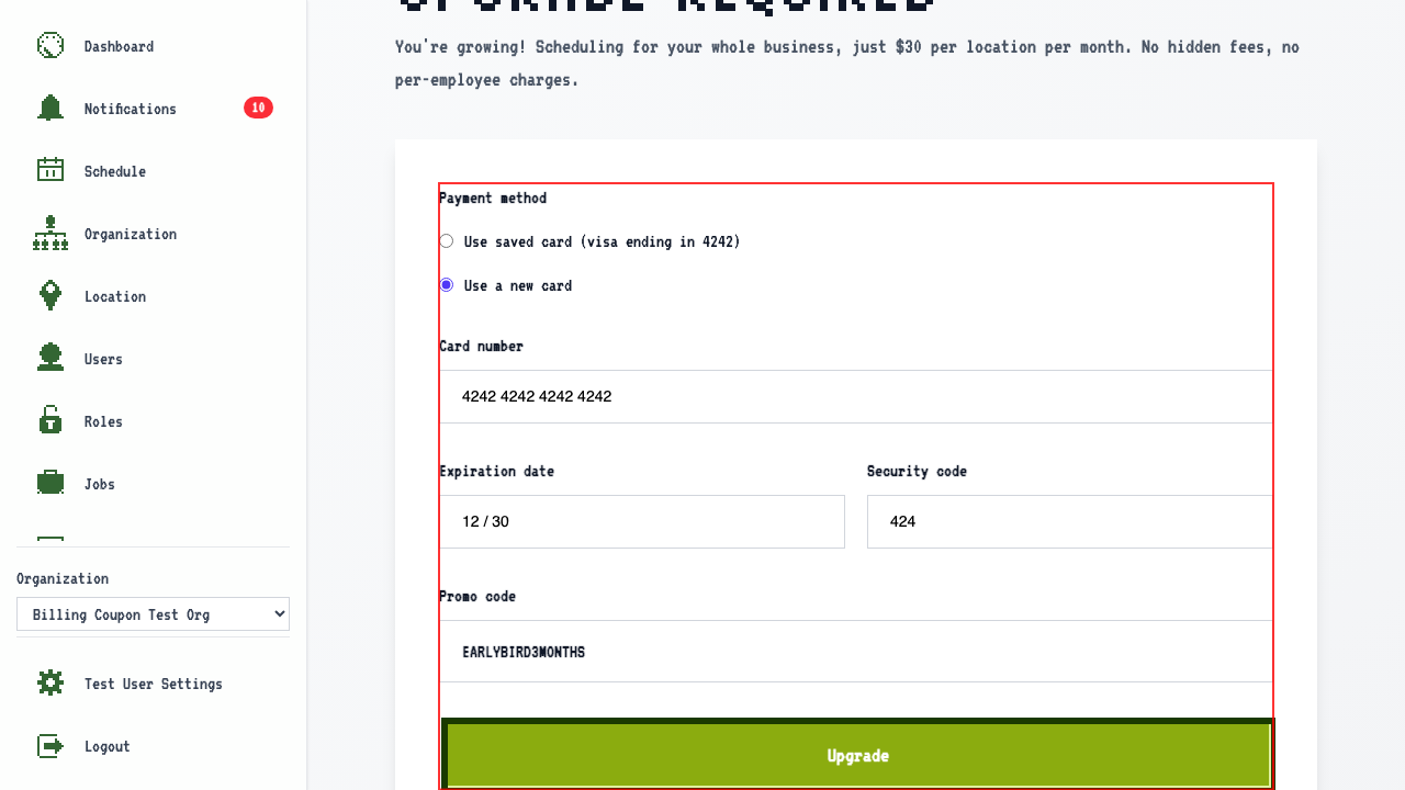 Upgrade form with promo code applied