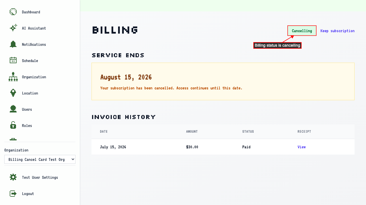 Billing Overview after cancelling with card removal — no card on file